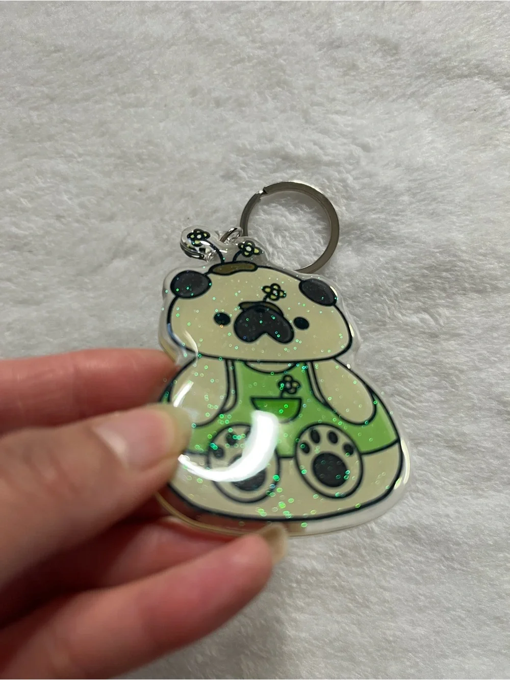 Pug fawn Cute Green Pug Keychain pet glitter acrylic